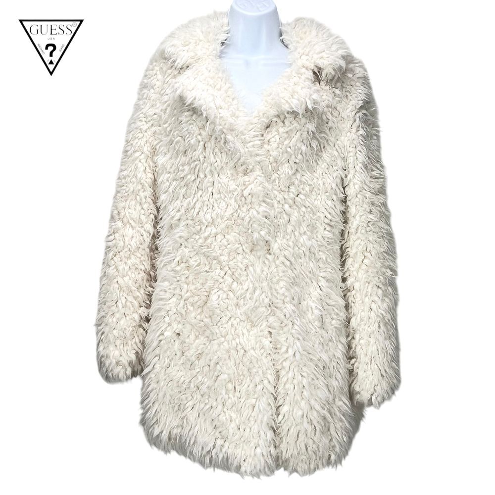 Guess Women Medium Cream Teddy Bear Faux Fur‎ Coat Sherpa Jacket